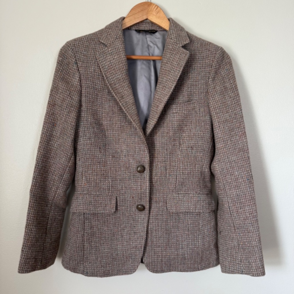 Lands’ End Harris Tweed Wool Blazer Women’s Beige 2-Button Jacket Scottish Wool